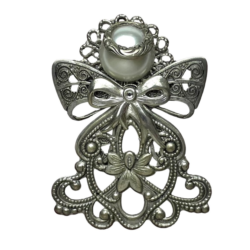 Angel Pearl Metal Brooch Pin Vintage Silver